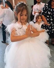 Cute Cheap Flower Girl Dresses For Weddings Feather Lace Appliques Flowers Sleeveless Bow Girls Pageant Dress Prom Kids Communion Gowns