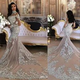 Nuovi abiti da sposa a sirena africana calda Illusion Collo alto Appliques in pizzo Tulle con perline di cristallo argento Abiti da sposa a maniche lunghe con scollo a barchetta