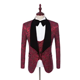 Burgundy Jacquard Groom Tuxedos Czarny Lapel Groomsman Wedding 3 Piece Suit Moda Mężczyźni Business Prom Jacket Blazer (Kurtka + spodnie + krawat + kamizelka) 660