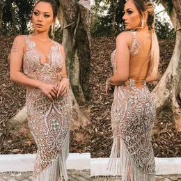 Lace Arabic Luxurious Mermaid Prom Dresses Backless Beaded Crystals Evening High Low Formal Party Second Gowns