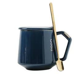 Ceramic mugs coffee cups sets with lid spoon creative tea water drinking blue colors with handle and cover