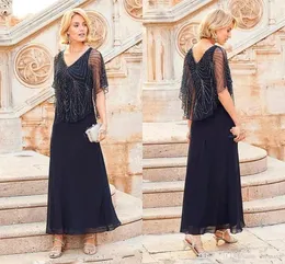 Mother Of Bride Dresses Chiffon Navy Blue V Neck Beading Short Sleeves Ankle Length Plus Size Wedding Guest Dress
