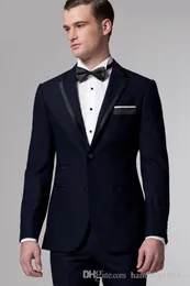 Högkvalitativ Slim Passar Navy Blue Groom Tuxedos Notch Lapel Man Work Suit Prom Blazer Mens Bröllopsdrag (Jacka + Byxor + Tie) H: 801