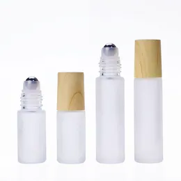 Frosted Thick Glass Roller Bottles with Wood Grain Cap 5ML 10ML Refillable Vials Containers for Essentials Oil,Aromatherapy,Perfume,Lip Balm