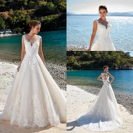 Elegant Ivory Lace Wedding Dresses 2019 Capped Sleeves Lace Appliques Illusion Back Wedding Bridal Gowns Beach Summer Wear BC1310