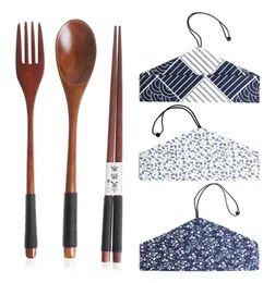 wood Portable Cutlery Sets Tableware Travel Dinnerware Suit Environmental with Cloth Pack Gift Included chopsticks & spoons