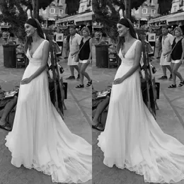 ボヘミアンAラインマイソンシニアドレスVネックノースリーブチュールレースRuched Sash Wedding Gown Sweep Train Robe de Mariee