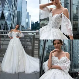 Crystal Design Wedding Dresses Spets Appliques Illusion Castle Bridal Gowns Sweep Train A Line Wedding Dress Robe de Mariee
