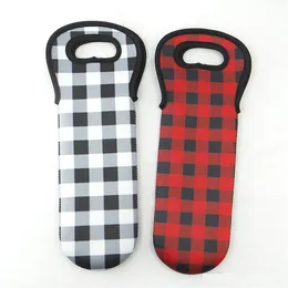 Varm Jul Röd Kontrollera Vinhållare Partihandel Blankor Neopren Buffalo Plaid Cooler Cover Wedding Gift Wraps Gratis frakt