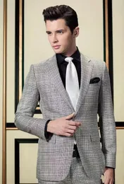 British Style Grey Lattice Groom Tuxedos Notch Lapel Groomsmen Bröllop Tuxedos Populära män Formal Blazer Prom Jacket Suit (Jacka + Byxor + Tie) 5