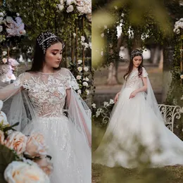 2020 Um casamento linha de vestidos de lantejoulas Applique vestidos de casamento Pérolas Sweep Trem Tulle Com Glitter vestidos de noiva