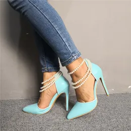 Olomm New Fashion Women Pumps Sexy Pearl Stiletto High Heel Pumps Charm مدببة إصبع القدم بأحذية زرقاء رائعة