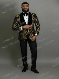 2020 Elegant Fashion Black Gold Floral Men Suits 2 Piece Groom Suit Smoking Tuxedo Jacket Wedding Suits For Men Man Blazer3037