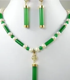5-6mm FRAKT berlock Grön Jade Vit pärlhalsband18'' +Jade örhängen set