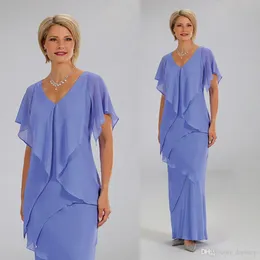 Blue Elegant Sheath Chiffon Mother of the Bride Dresses With Short Sleeves Ankle Length V Neck Wedding Guest Dress Mothers Prom Gowns Plus