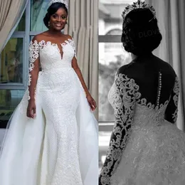 2019 mais recente plus size vestidos de casamento sereia africano com trem destacável pura decote de jóias longas mangas nigerianas vestidos de noiva de renda