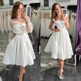 2020 Enkel Vintage Bröllopsklänningar Korta Satin Straps Knee Längd A Line Country Wedding Bridal Gown Custom Made Vestido de Novia