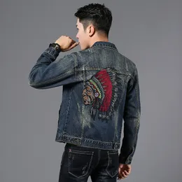 2020 New Men's Slim Denim Jacket Vintage Style Embroidered Indian Jacket Long Sleeve Casual Hip-hop Retro Jeans Coat Streetwear