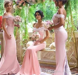 Amazing Pink Elegant Off Shoulder Mermaid Bridesmaid Dresses Cheap Lace Backless Sexy Plus Size Long Maid of the Honor Dress with Buttons