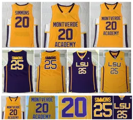 المدرسة الثانوية مونتردي أكاديمية إيجلز بن 20 رجال كرة السلة LSU Tigers College 25 Simmons Jersey Sticthed White Yellow Purple