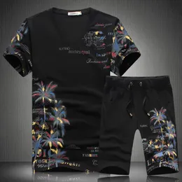 Wzór Lato Krótkie Zestawy Mężczyźni Dorywczo Kokosowe Wyspa Drukowanie Garnitury Dla Mężczyzn Chiński Styl Garnitur Zestawy T Shirt + Spodnie Designer Dres Quality