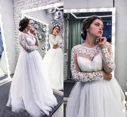 Plus Storlek Bröllopsklänningar med långärmad 2020 Lace Beaded Applique Empire Waist Country Wedding Dress Bridal Garden Party Gowns Cheap