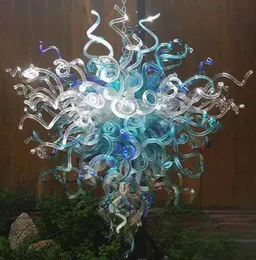 青いランプシェードの手作りの吹き出しガラスの花の花の装飾LEDライトムラーノガラスシャンデリア