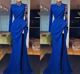 Ny ankomst Royal Blue Prom Klänningar Långärmad Jewel High Side Split Lång Formell Klänning Evening Wear Grows Robes de Soirée Abiti Da Sera