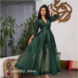 3/4 Long Sleeve Prom Dresses Hunter Green Lace Applique Ankle-length Dubai Kaftan Long Abendkleider Abiye Evening Party gown ED1152