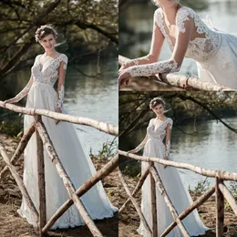 Modest A Line Maisonsignore Bohemian Dresses V Neck Long Sleeve Tulle Lace Applique Sash Wedding Gowns 스윕 열차 가운 드 마리야