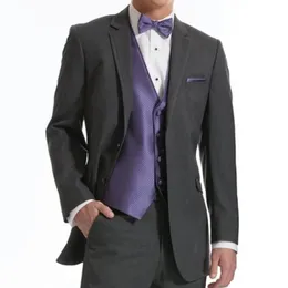 Dark Gray Wedding Groom Tuxedos Classic Fit Three Piece Notched Lapel Custom Made Business Men Suits Jacket Purple Vest Pants
