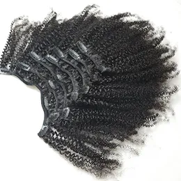 Afro Kinky Curly 4B 4C Klips W Ludzie Przedłużanie Włosów Dla Czarnych Kobiet Brazylijski Remy Virgin Włosy Naturalny Kolor 110GRAM 7 sztuk / zestaw