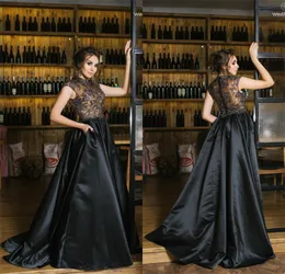 2020 Black Hot Sell Evening Dresses High-neck Sleeveless Appliqued Lace Beaded Sweep Train Prom Dress Satin Custom Made Long Party Gown