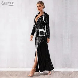 Partihandel-Adyce 2019 New Spring Women Evening Party Coats Black Sequined Långärmad Double Breasted Deep V Club Coat Luxury Trench Coats