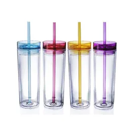 Bicchiere dritto in acrilico da 16 once Bicchiere sottile alto 480 ml Tazze per tazze da acqua trasparenti a doppia parete con coperchio e bottiglia d'acqua con cannuccia LJJA2996-16