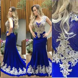 Novos vestidos de noite azul royal sexy usam sereia v apliques de cetim de cetim de pescoço de miçangas mangas de mangueira vestidos de festas longos longos