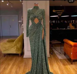 Pailletten Side Split Abendkleider Sexy High Neck Long Sleeves Meerjungfrau Prom Kleid robe de soire Dubai Afrikanischen Party Tragen vestidos