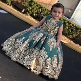 Hunter Lace Ball Gown Flower Girl Dresses For Wedding Sequined Jewel Neck Pageant Gowns With Bow Tie First Communion Dress