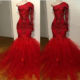 Elegant Red Prom Dresses One Shoulder Long Formal Dresses 2020 Lace Appliques Special Occasion Sequined Evening Gowns