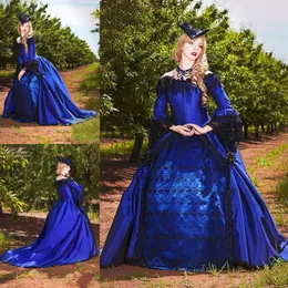 Vintage Gothic Victorian Ball Gown Prom Dresses New 2021 Long Poet Sleeve Lace Applique Beading Blue Masquerade Evening Party Gowns