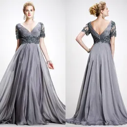 Gray Long Mother Of The Bride Dresses V Neck Short Sleeves Appliques Beaded Chiffon Plus Size Evening Gowns Prom Dresses