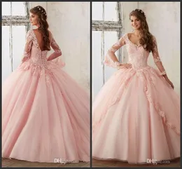 Ny Quinceanera Pagant Ball Gown Långärmad Vestidos de Quinceañera Prom Party Dresses Pink Tulle Applique Lace Sexy 16 Klänningar