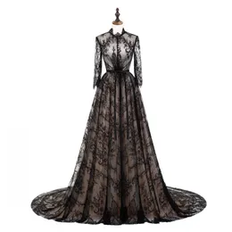 2019 Black Lace Prom Dresses Długie Rękawy Illusion Eleganckie Dziewczyny Korowiny Suknie Z Podszewką Zipper Back Sweep Pociąg Formalne Suknie Wieczorowe