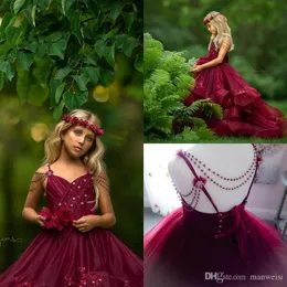 Abiti da ragazza adorabili bordeaux Cinghie senza spalline Tulle Applicazioni di pizzo Perline senza schienale Lunghezza pavimento Compleanno Bambina Abiti da spettacolo per bambini