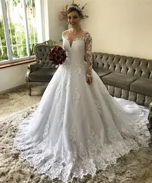 Ilusão Jewel Pescoço Manga Longa Vestidos de Casamento Lace Apliques Sweep Train Tulle Vestido De Noiva vestido de novia