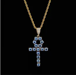 Blue Color Egyptian Ankh Key of Life Necklace 18K Gold Plated Copper Cross Pendant Cubic Zirconia Hip Hop Jewelry