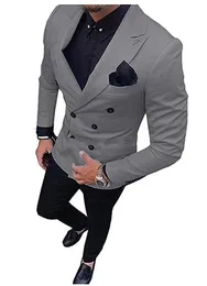 Fashion Grey Groom Tuxedos Excellent Double-breasted Groudsmen Wedding Jacket Blazer Men Formell Prom / Dinner Suit (Jacka + Byxor + Tie) 1210