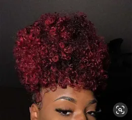 Kısa yüksek afro at kuyruğu puf bordo kırmızı en kaliteli afro kinky kıvırcık İpli at kuyruğu topuz updo 140g-100g