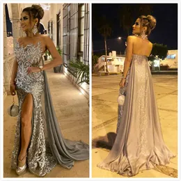 2020 Arabic Aso Ebi Silver Luxurious Sexy Evening Dresses Lace Beaded Prom Dresses Mermaid Formal Party Second Reception Gowns ZJ266