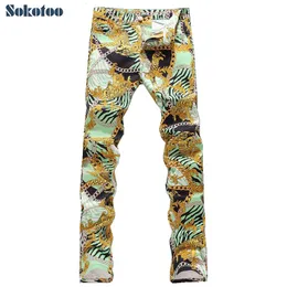 Sokotoo Moda masculina Corrente do tigre Imprimir Jeans Masculino Slim Fit Calças Jeans Finas Calças Compridas Frete Grátis Y19072301